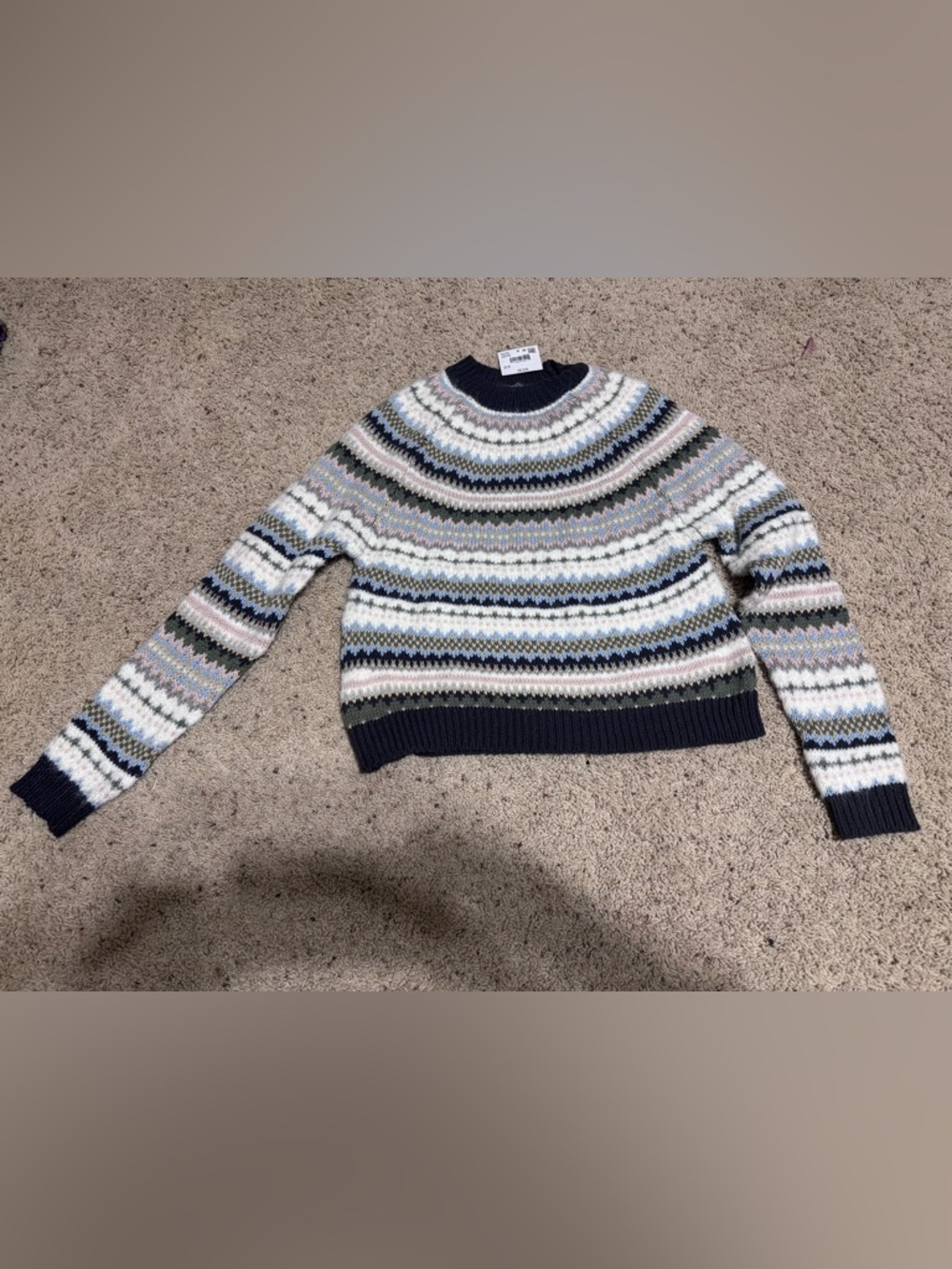 American Eagle Outfitters Fair Isle Crewneck Sweater - Navy, White & Olive
